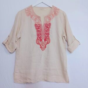 Simple NYC Linen Tunic Womens Medium Embroidered V Neck Roll Tab Sleeves Neutral